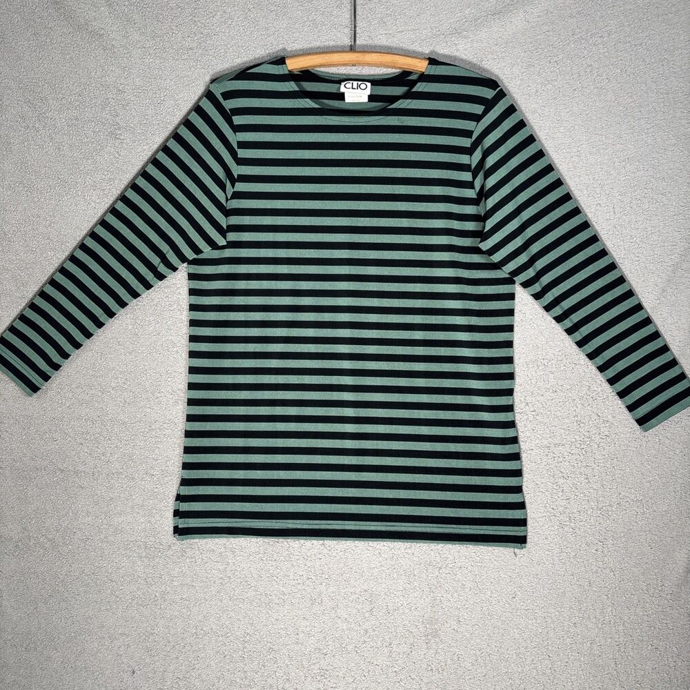 Vintage Clio Top Women's Size M Green Black Stripes Coastal Nautical Heritage